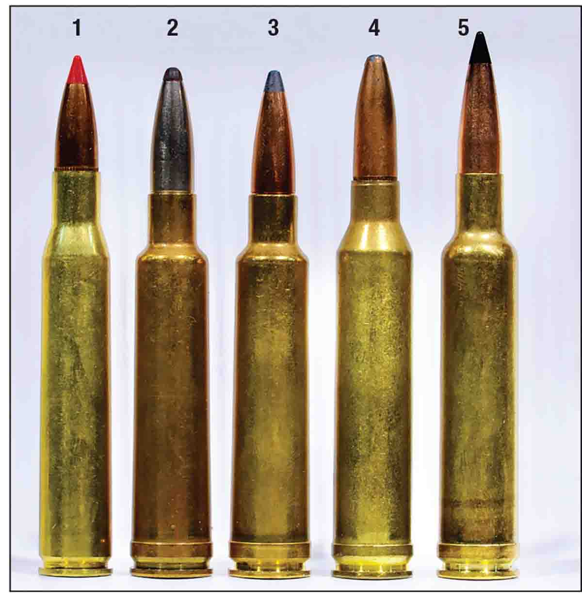 The 7x61 and its rivals: (1) 280 Remington, (2) 7x61 S&H, (3) Super 7x61, (4) 7mm Remington Magnum and (5) 7mm Weatherby.